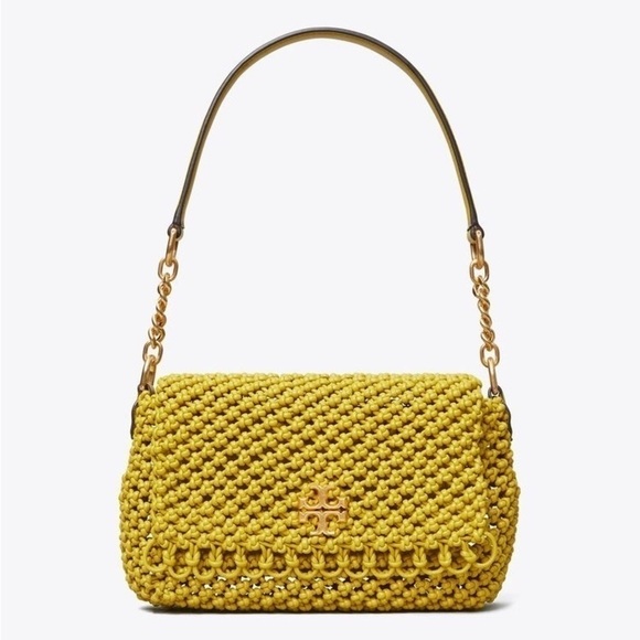 Tory Burch Bag Kira Chevron Macrame Woven Small Shoulder Leather Pear GUC - Picture 1 of 16